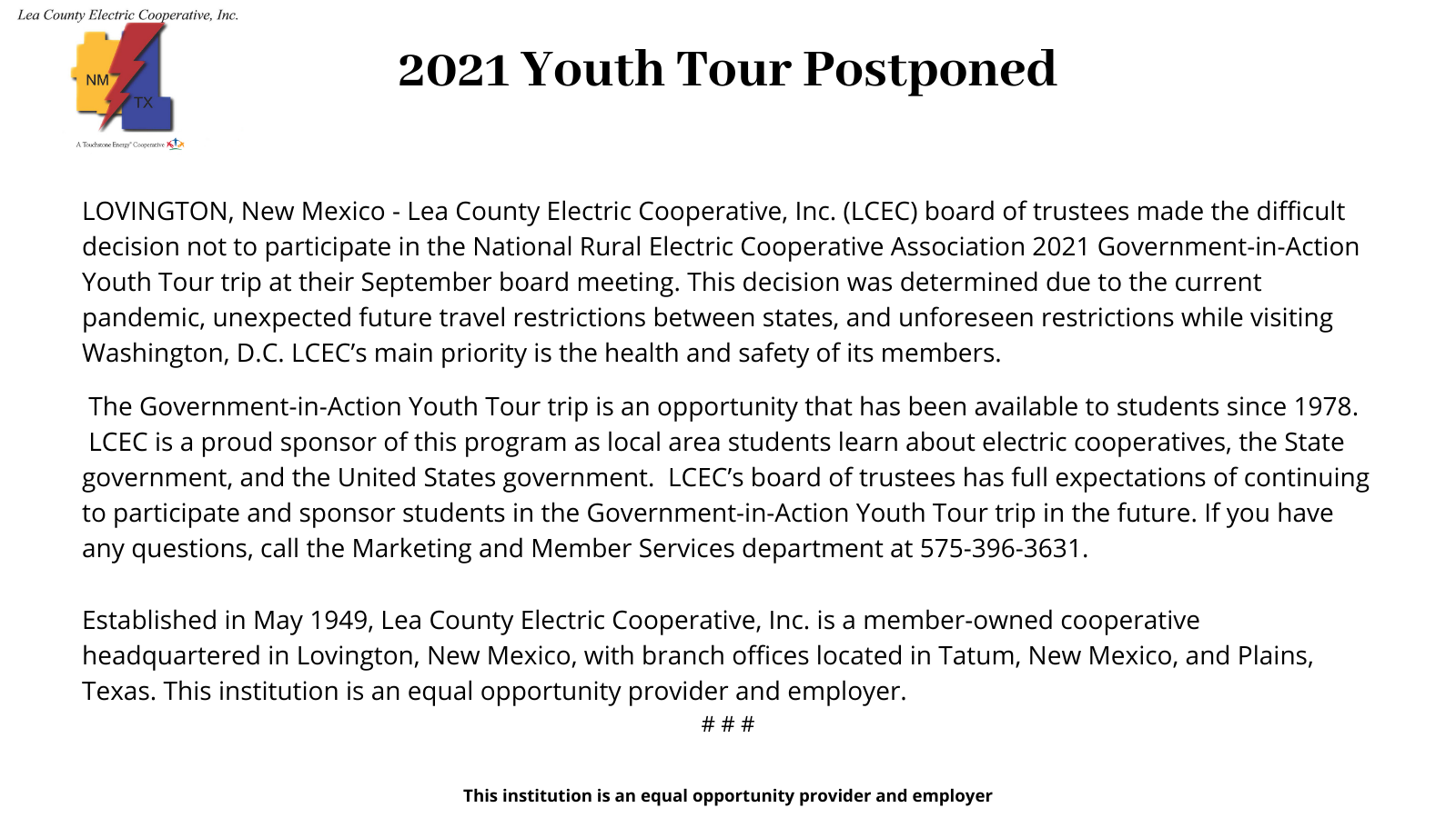 2021 Youth Tour postponed